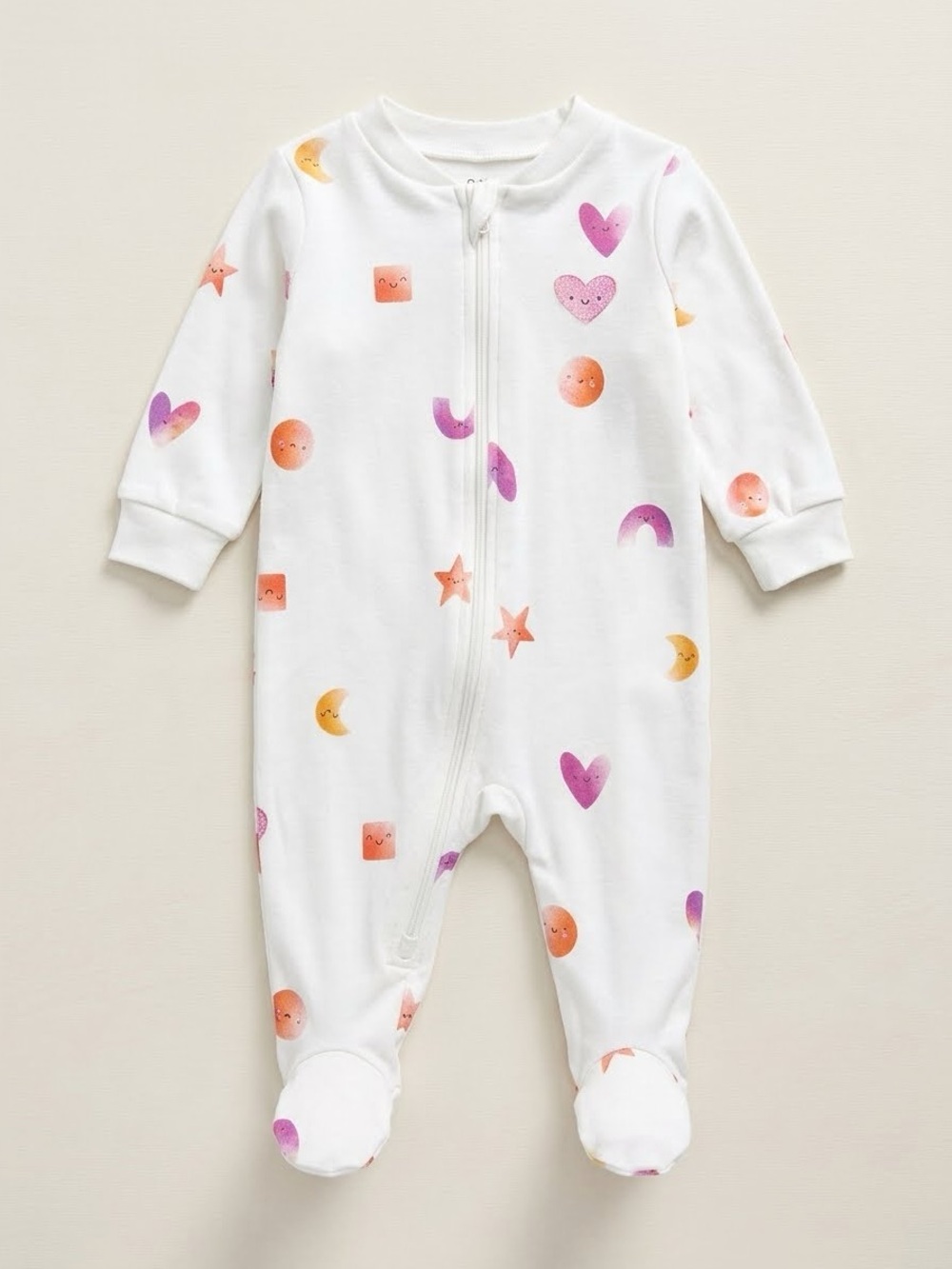 Pekkle Baby Zipper Footie Sleeper • 6 Months • White with Shapes & Hearts